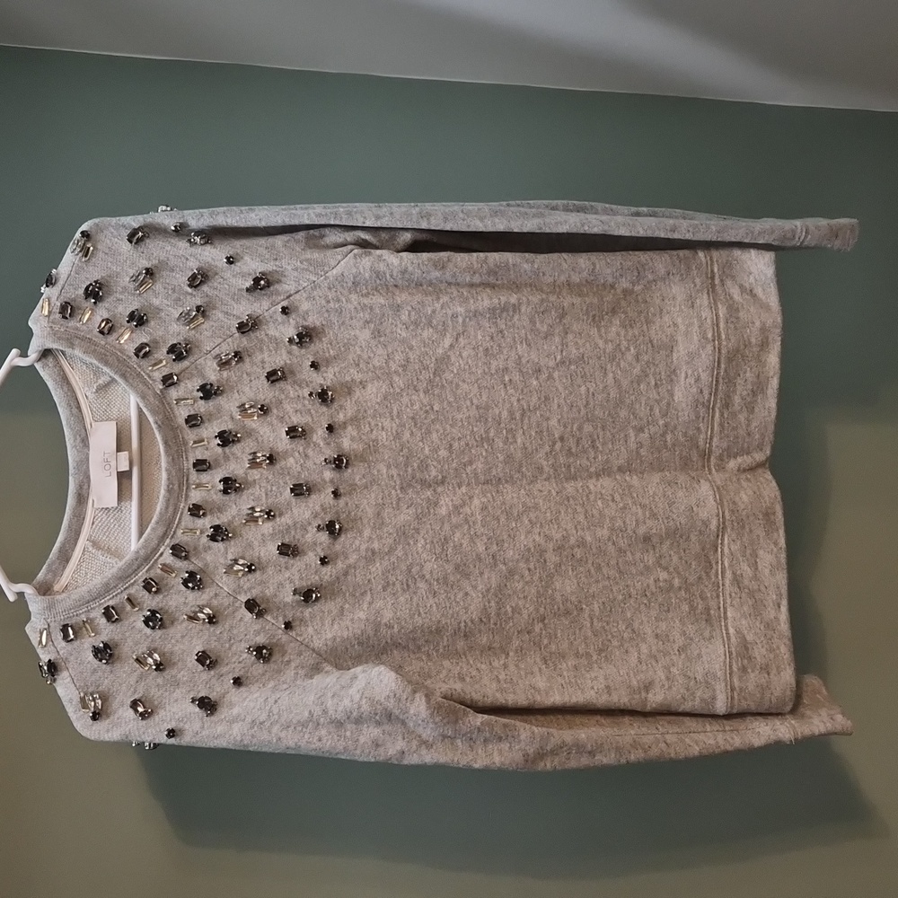 LOFT Light Gray Embellished Pullover Sweater
